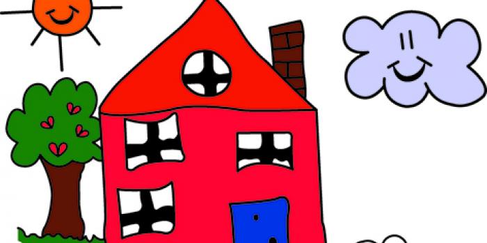 Hand drawn image of a House with a smiling sun and cloud