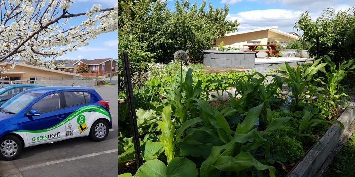 A combination image of a car and a community garden at Goodwood Community Centre